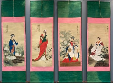 A Set of Chinese Vertical Scroll Ink Paintings of Figure on Silk
