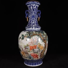 Blue and White Famille-Rose Sheep Pattern Double-Ears Vase