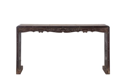 Huanghuali Wood Single-Slab Strip Table with Carved and Inlaid Fortune-Longevity Motifs
