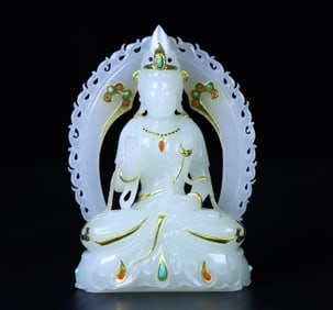 A Rare Hetian jade with Gold Wrapping Buddha Statue