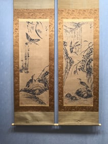 A pair of Chinese Vertical Scroll Ink Paintings of Flower and Bird on Paper
