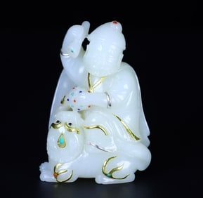 A Rare Hetian jade with Gold Wrapping Figure and Beast Taming Ornament
