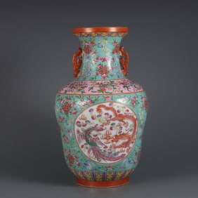 A Rare Turquoise Ground Famille-Rose Blessing Longevity Dragon and Phoenix Pattern Double-Ears Vase