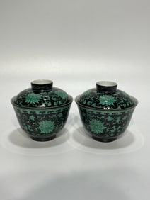 A pair of Rare Black Ground Green Color Flower Pattern Covered Bowl
