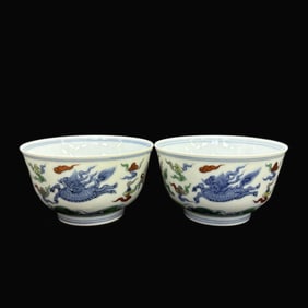 A pair of Rare Doucai Auspicious Beast Pattern Cup