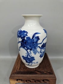 Blue and White Squirrel and Grapes Pattern Vase