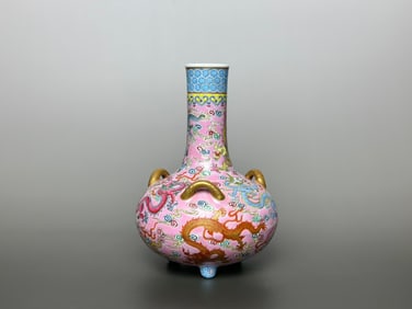 pink ground Painted Gold Dragon Pattern Tripod Vase