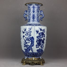 A Rare Blue and White Copper Inlaid Flower Bird Pattern Vase