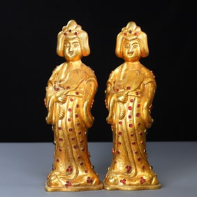 A pair of Rare Gilt Copper Inlaid Gems Figures Ornament