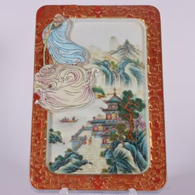 A Rare Enamel Iron-Red Carved Painted Color gold Landscape and Pavilion Pattern Inkstone