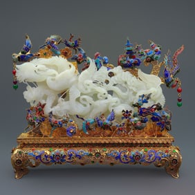 A Rare Cloisonne Gilt Inlaid Hetian Jade Crane Ornament