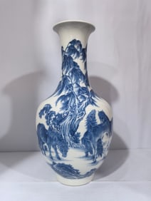 A Exquisite Blue and White Eight-Horse Pattern Vase