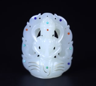 A Rare Hetian jade Gold and Gem Inlaid Guanyin Pendant