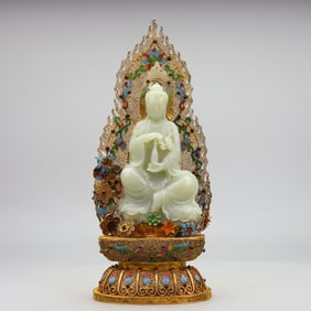 A Rare Silver Wire inlay Technique Inlaid hetian jade Guanyin Ornament
