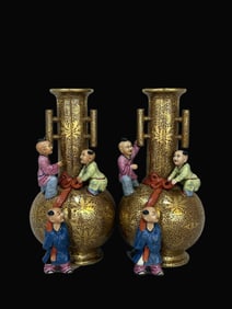A pair of purple-gold glaze Painted Gold Character and Story Pattern Vase