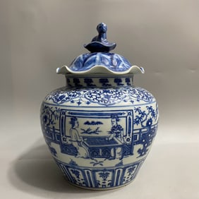 A Rare Blue and White Figure Story Pattern Beast-Head Jar