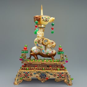 A Rare Gilt Bronze Hetian Jade Sheep-shaped Candlestick
