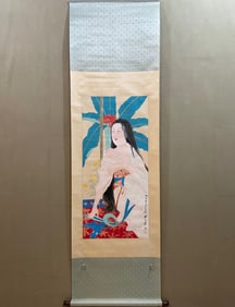 A Chinese Painting of Figures on Paper With a Hanging Scroll