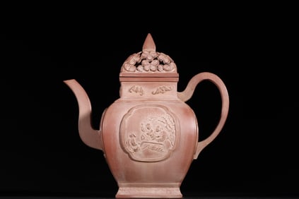 A Rare Clay Painting Openwork Carving Figures Pattern Palace Lantern Shape Zisha teapot