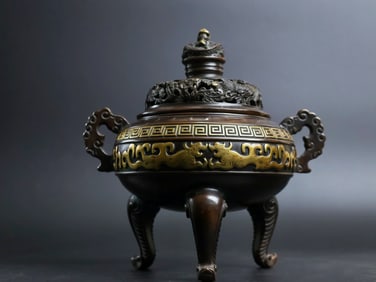 A Rare Red Copper Relief Carved and Gilt Double-Ears Censer