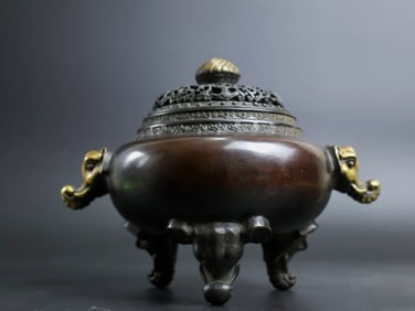 A Rare Red Copper Gilt Elephant-Ears Incense Censer
