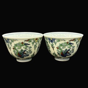A pair of Rare Doucai Flower Dragon Pattern Cup