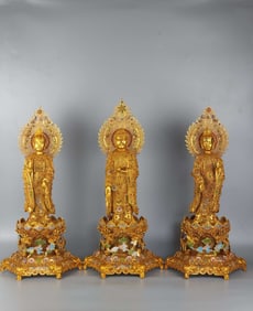 A Set of Gilt Bronze Inlaid Gems Buddha Statue