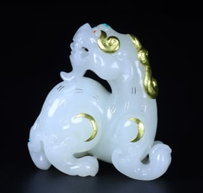 A Rare Hetian jade with Gold Wrapping Auspicious Beast