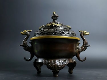 A Rare Red Copper Gilt Beast-Ears Incense Censer