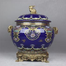 A Rare Ji Blue Glazed Gold Traced Copper Inlaid Flower Pattern Jar