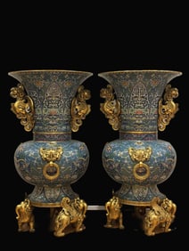 A pair of Rare Cloisonne Three Beast-Foot Phoenix Ear Zun