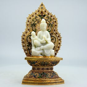 A Rare Wire inlay Technique Gilt Bronze Inlaid hetian jade Guan yin Ornament