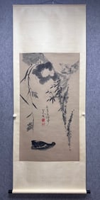 A Chinese Painting of Duck on Paper With a Hanging Scroll