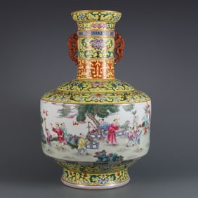 A Rare Yellow Ground Famille-Rose Character and Story Pattern Double-Ears Vase