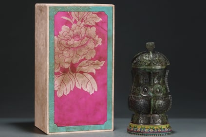 A Rare Bronze Taotie Pattern Double-Ears Vase