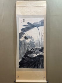 A Chinese Painting of Lotus on Paper With a Hanging Scroll