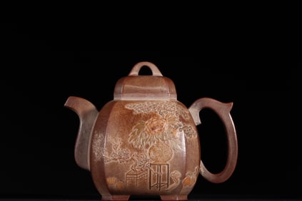 A Rare Clay Painting Flower Pattern Zisha teapot,with poem