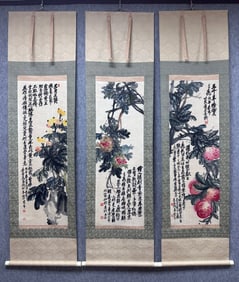 A Set of Chinese Painting of Flower and Fruit on Paper With a Hanging Scroll