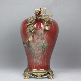 A Rare PeachBloom-Glazed Flambe Copper Inlaid Flower Bird Vase
