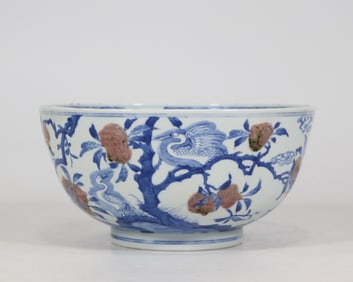 Blue and White Underglaze-Red Flower and Bird Pattern Bowl