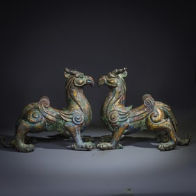 A pair of Rare Gold-inlaid Bronze Auspicious Beast