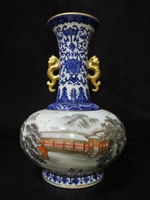 A Rare Blue and White Ink Color Landscape Pavilion Pattern Vase