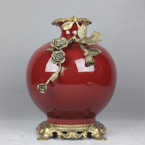 A Rare Ji Red Glazed Copper Inlaid Vase