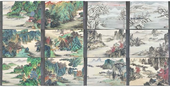 A Set of Chinese Ink Paintings of Landscape on Paper