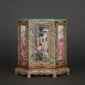 Yellow Ground Enamel Figures Pattern Brush Pot