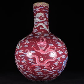 Famille-Rose Ruby Red-Glazed Ground Dragon Pattern Vase