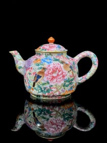Enamel Painted Gold Flower and Bird Pattern Teapot