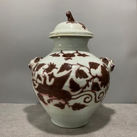 A Rare Underglaze-Red Double Phoenix Pattern Beast-Head Jar