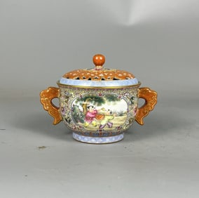 Enamel Painted Gold Figures Pattern Double-Ears Censer