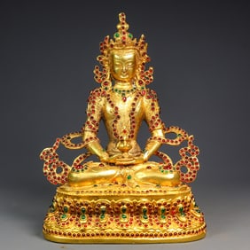 A Rare Gilt Bronze Inlaid Gems Buddha statue